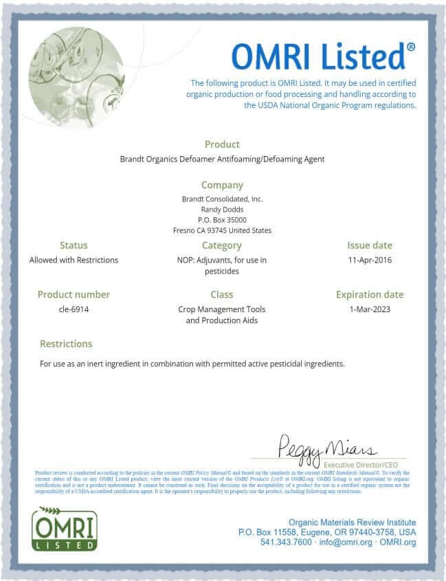 Apical Crop Science Crop Protection 1 Quart Brandt Organics Defoamer