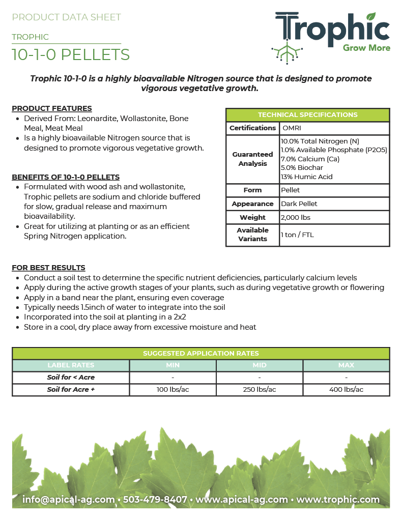 Apical Crop Science Dry Fertilizer 1 ton Trophic 10-1-0 All-Purpose with 7% Calcium