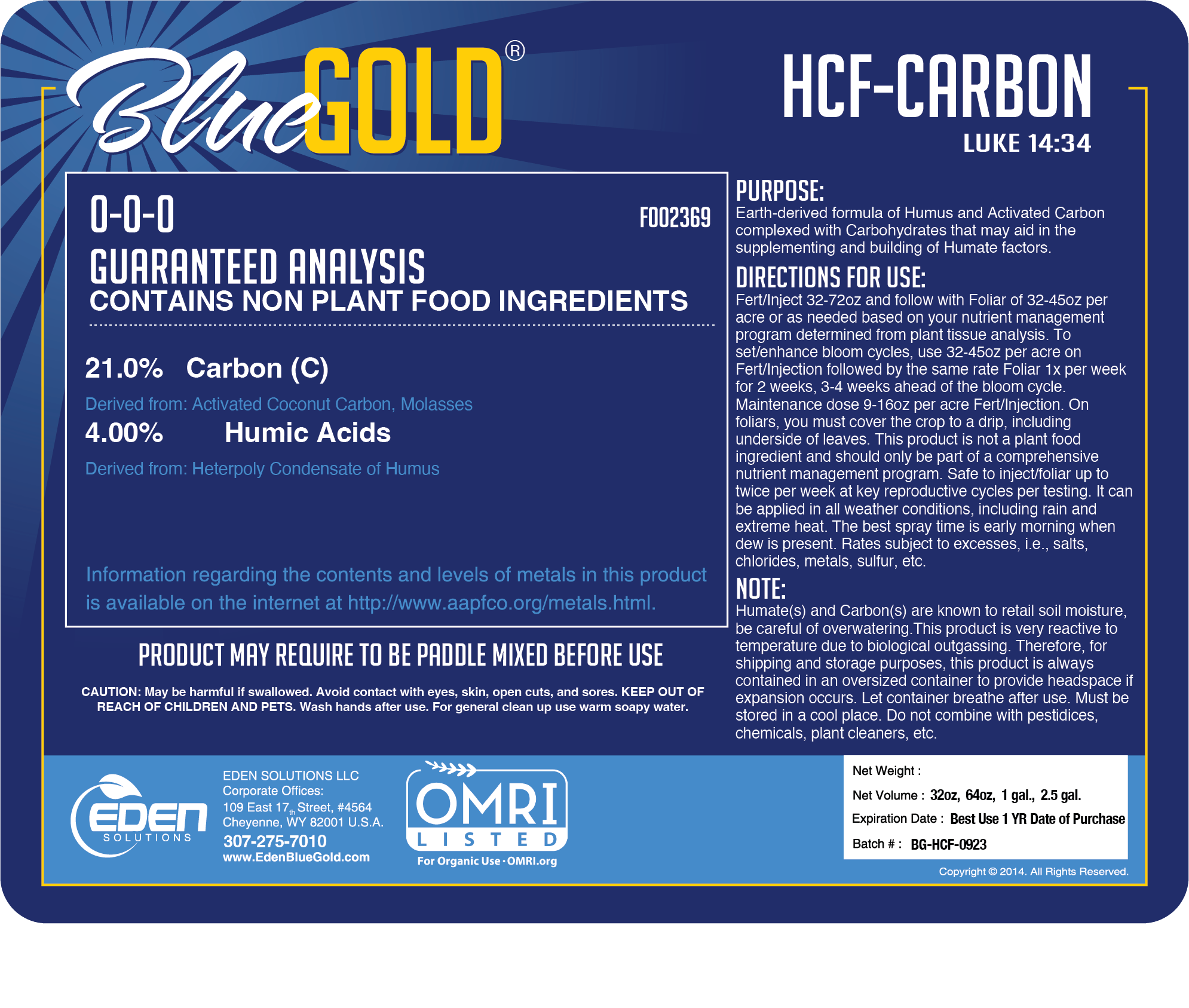 Apical Crop Science Liquid fertilizer Eden HCF Carbon