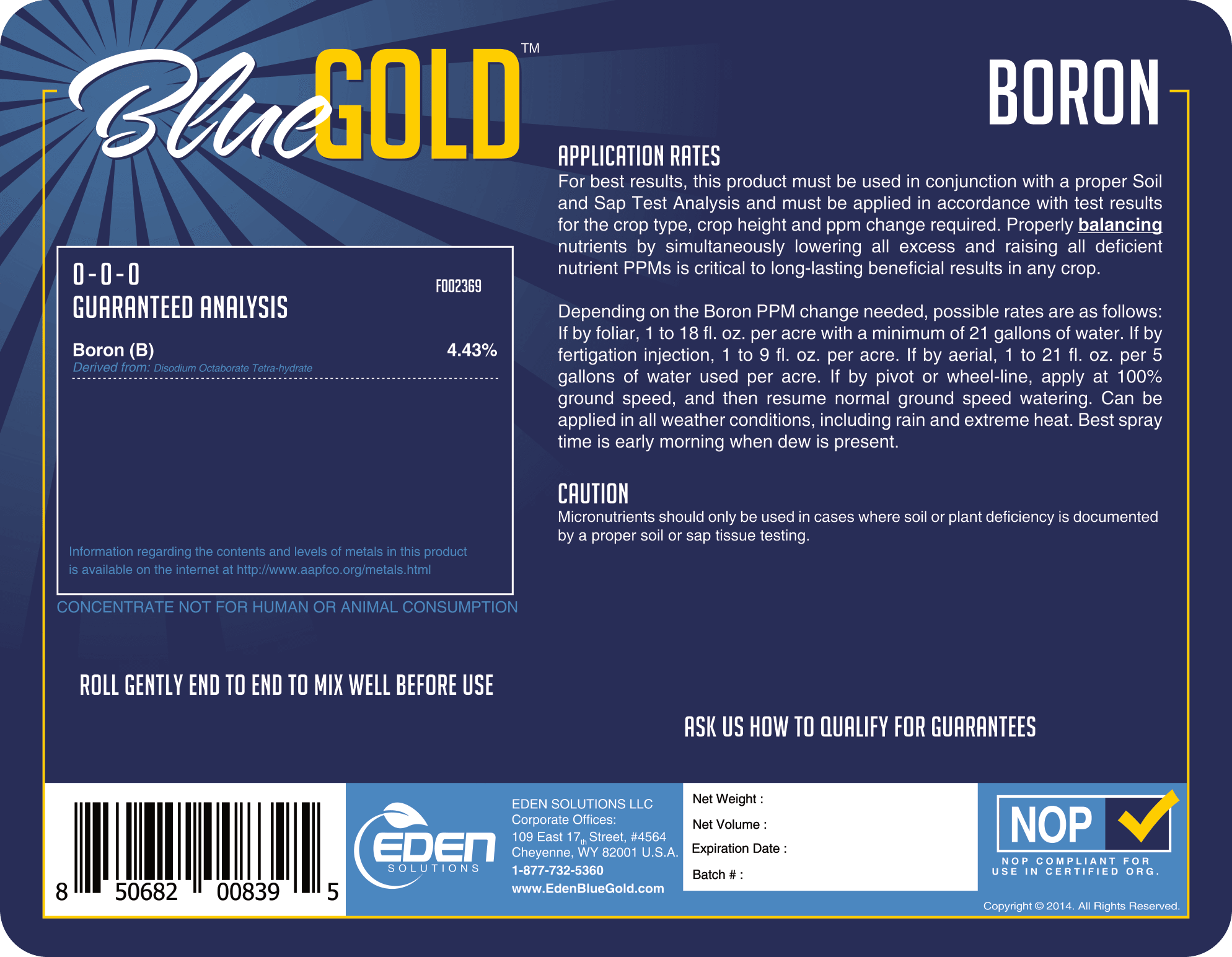 Eden Solutions, LLC Liquid fertilizer Eden Blue Gold Boron