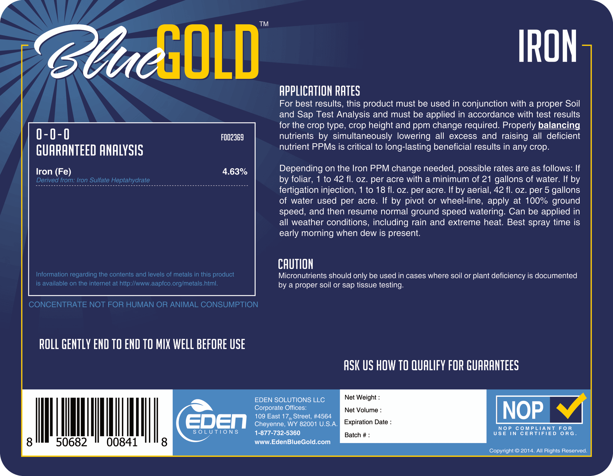 Eden Solutions, LLC Liquid fertilizer Eden Blue Gold Iron