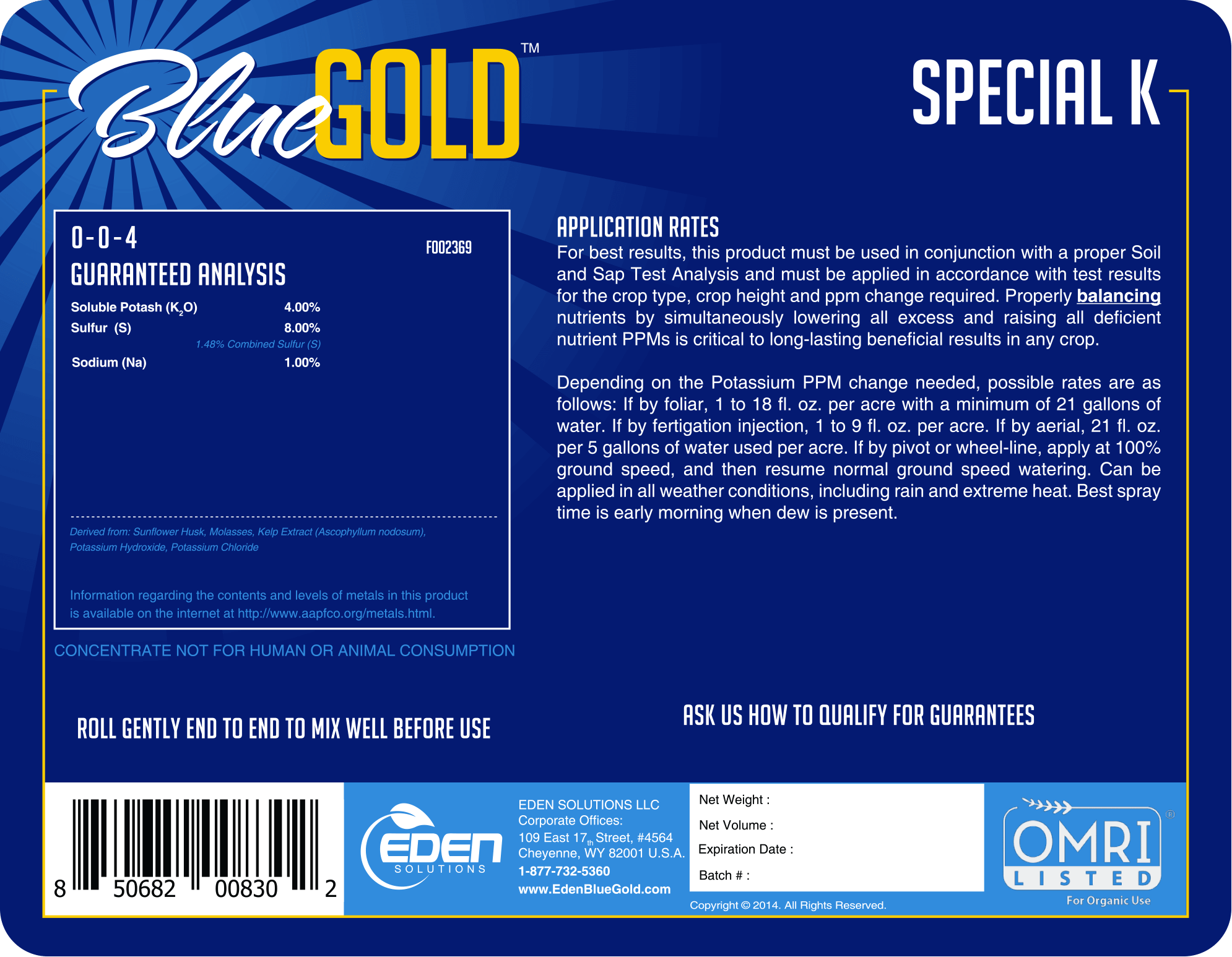 Eden Solutions, LLC Liquid fertilizer Eden Blue Gold Special K