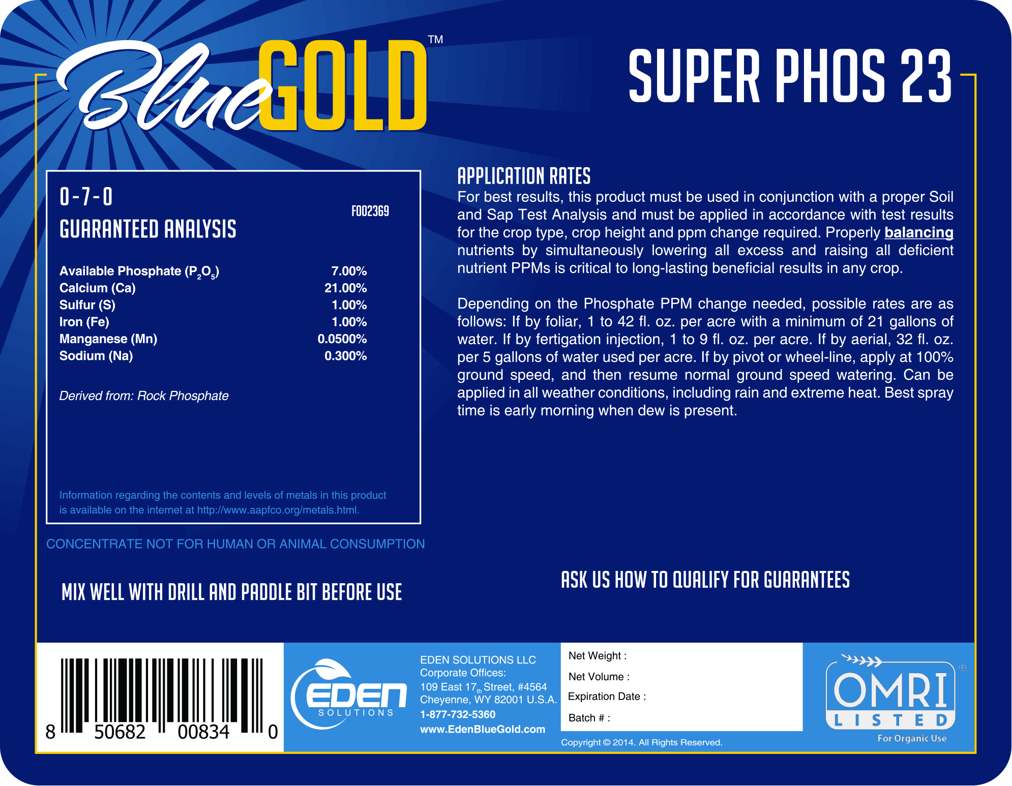 Eden Solutions, LLC Liquid fertilizer Eden Blue Gold Super Phos 23