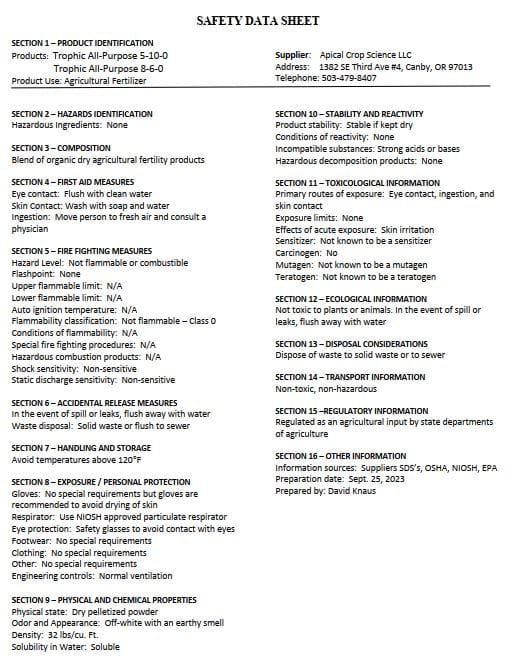 Trophic Dry Fertilizer Trophic 5-10-0 Plus 10% Calcium