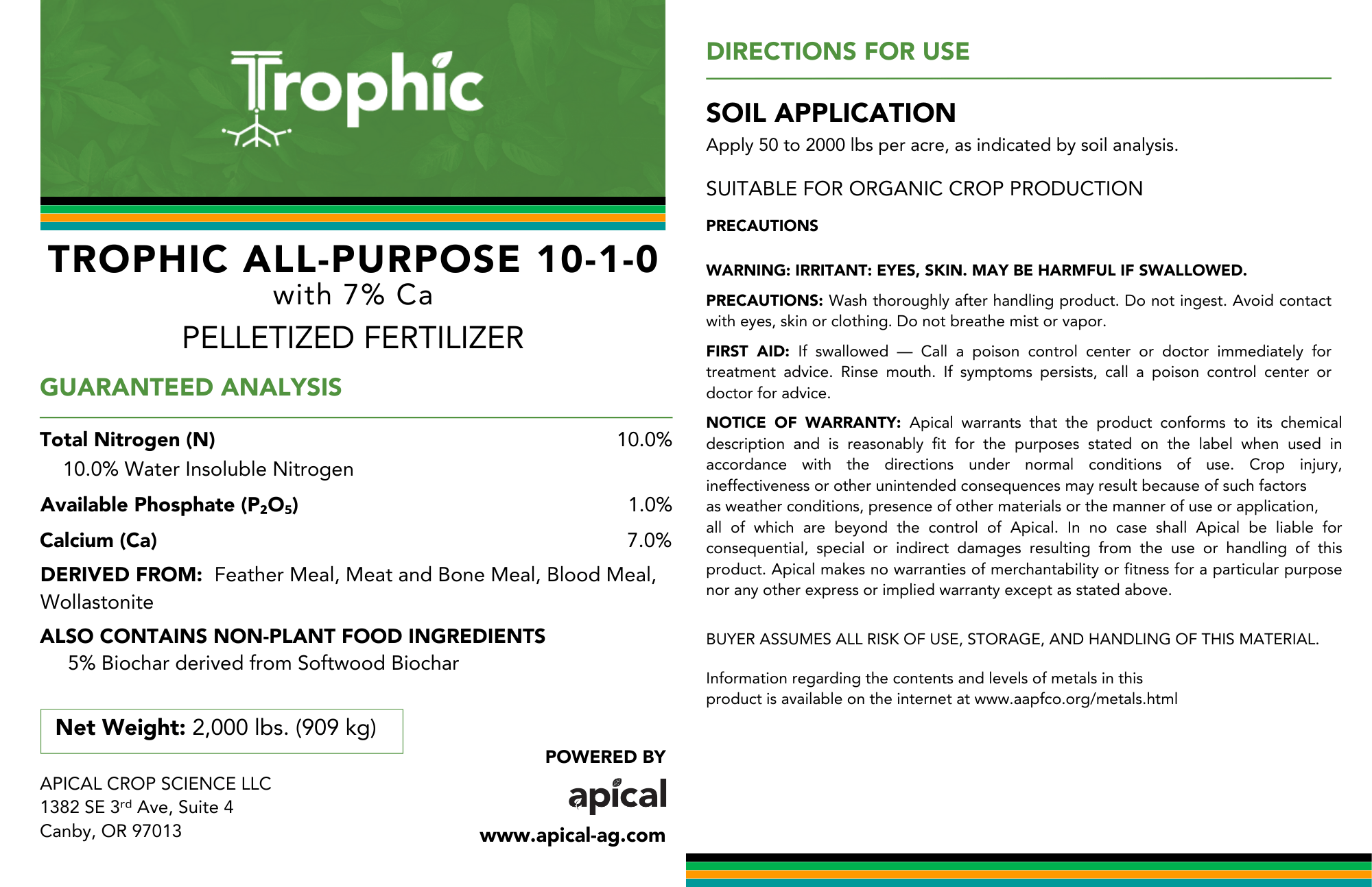 Apical Crop Science Dry Fertilizer 1 ton Trophic 10-1-0 All-Purpose with 7% Calcium