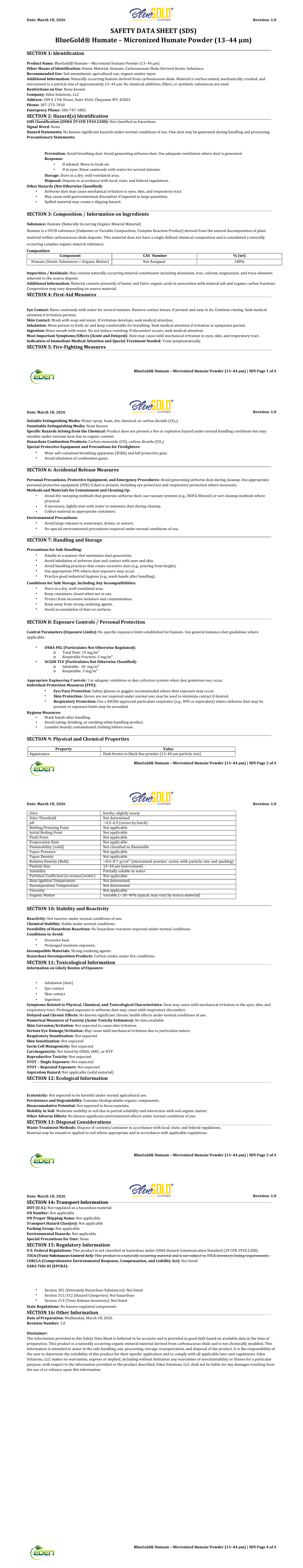 Eden Solutions, LLC Amendments BlueGold® Humate
