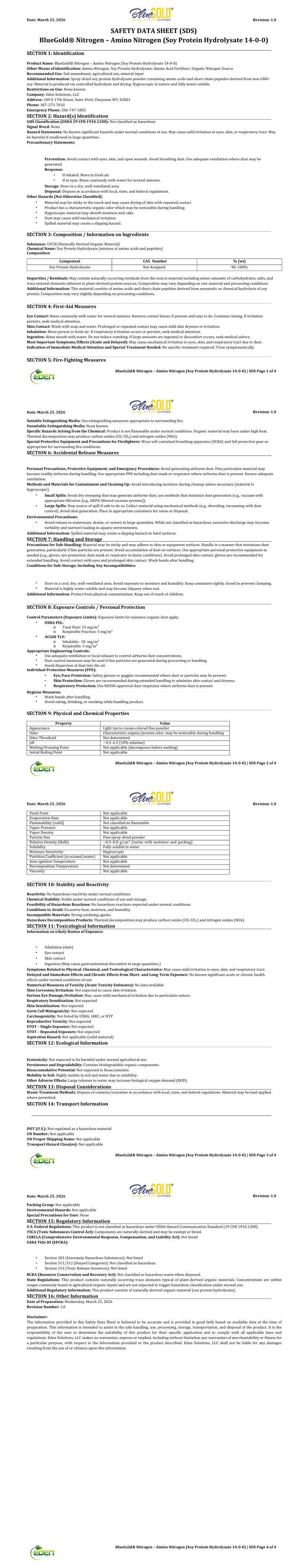 Eden Solutions, LLC Fertilizer BlueGold® Nitrogen 14-0-0