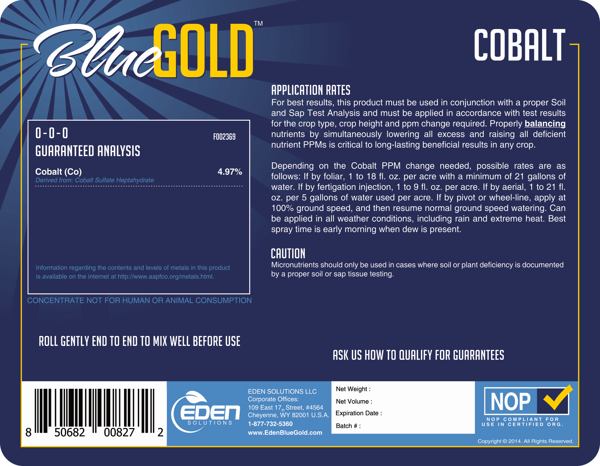 Eden Solutions, LLC Liquid fertilizer Eden Blue Gold Cobalt