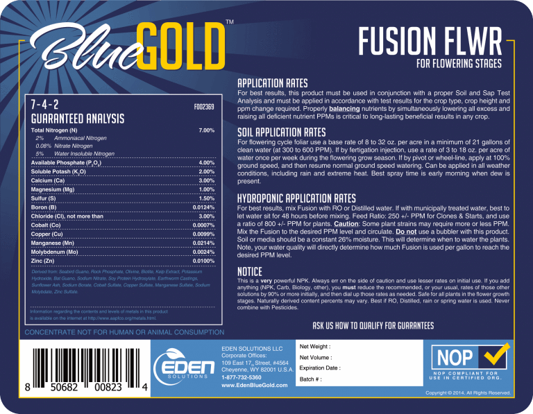 Eden Solutions, LLC Liquid fertilizer Eden Blue Gold Fusion Flower