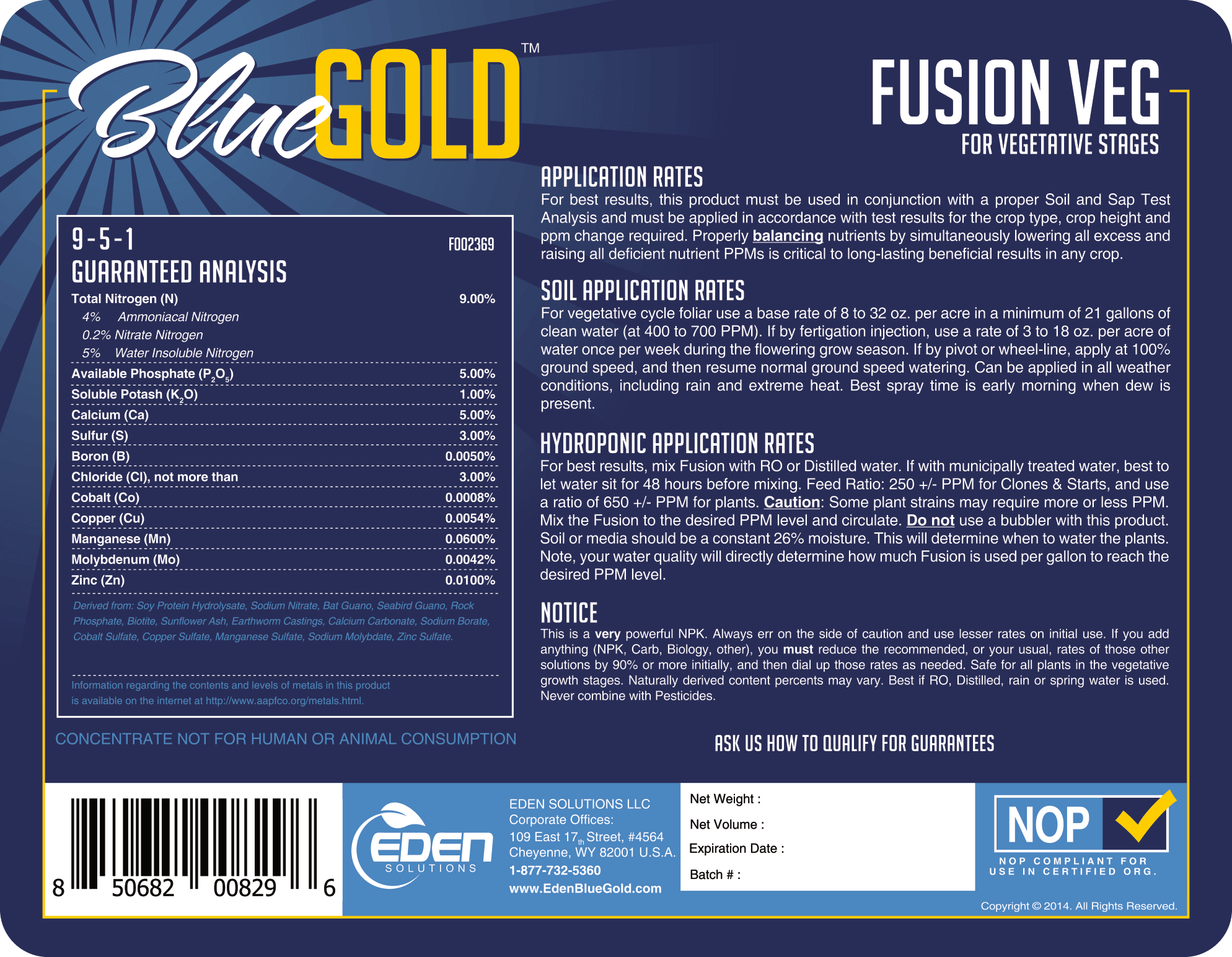 Eden Solutions, LLC Liquid fertilizer Eden Blue Gold Fusion Veg