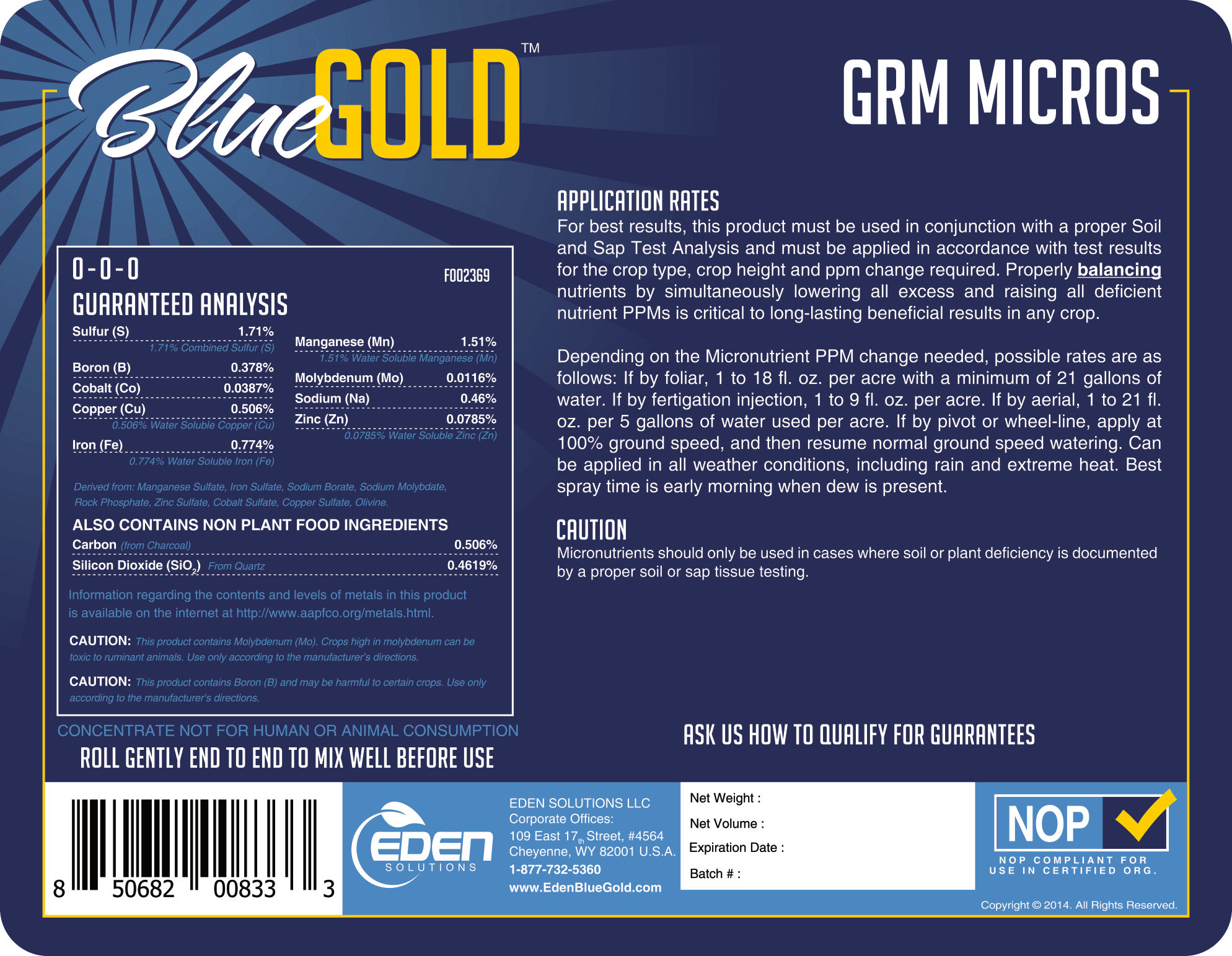 Eden Solutions, LLC Liquid fertilizer Eden Blue Gold GRM Micros