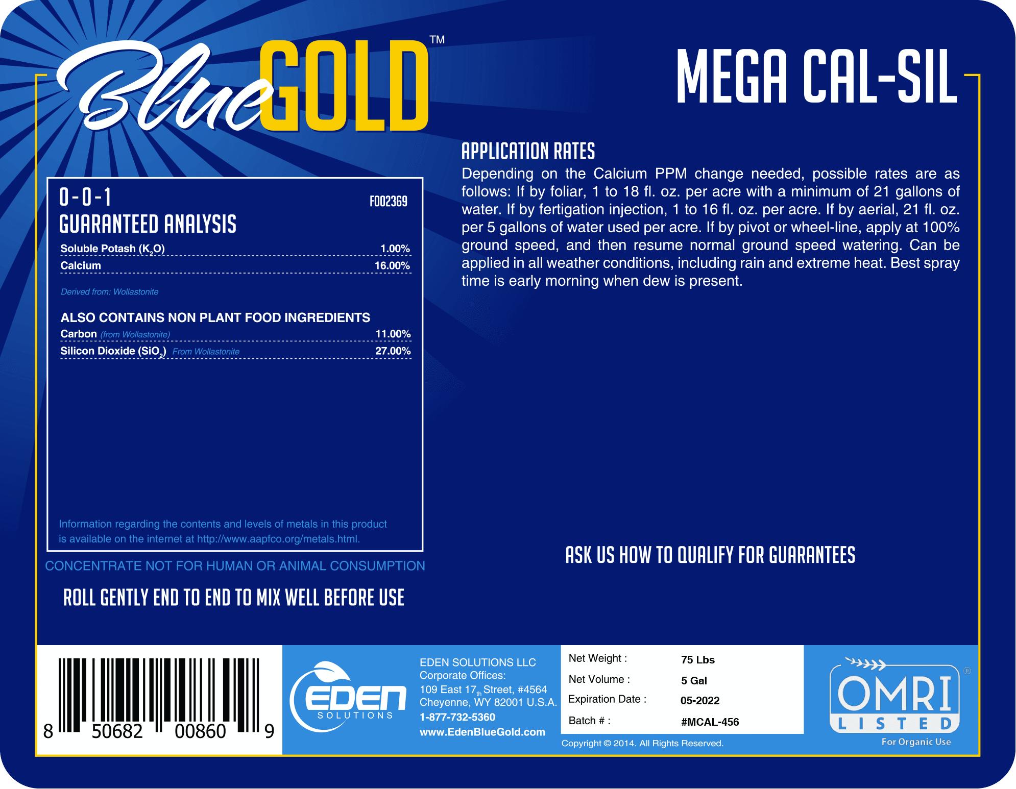 Eden Solutions, LLC Liquid fertilizer Eden Blue Gold Mega Cal-Sil
