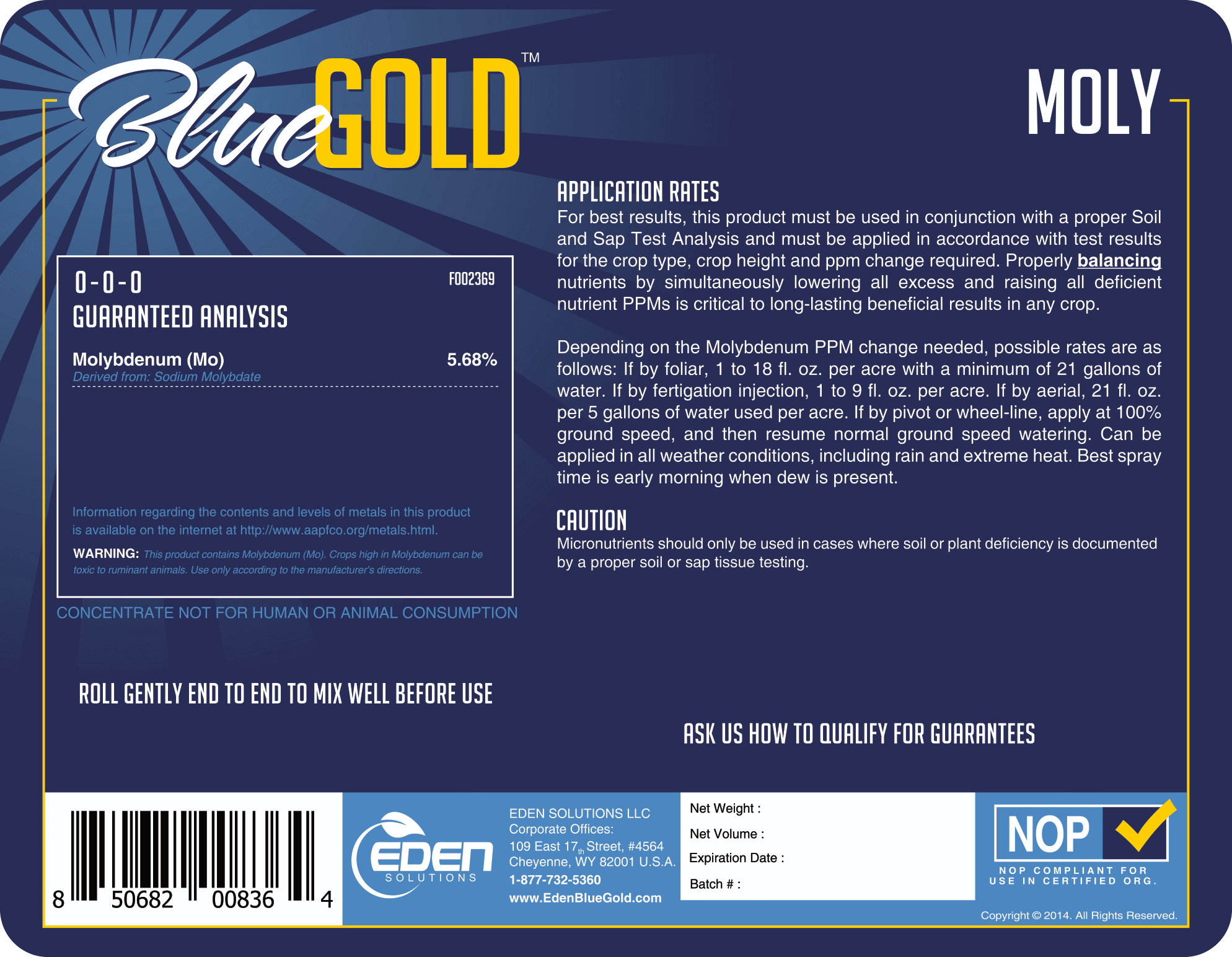 Eden Solutions, LLC Liquid fertilizer Eden Blue Gold Moly