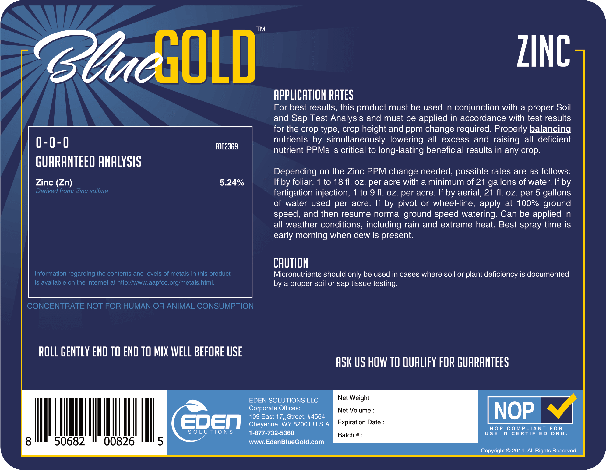 Eden Solutions, LLC Liquid Fertilizer Eden Blue Gold Zinc