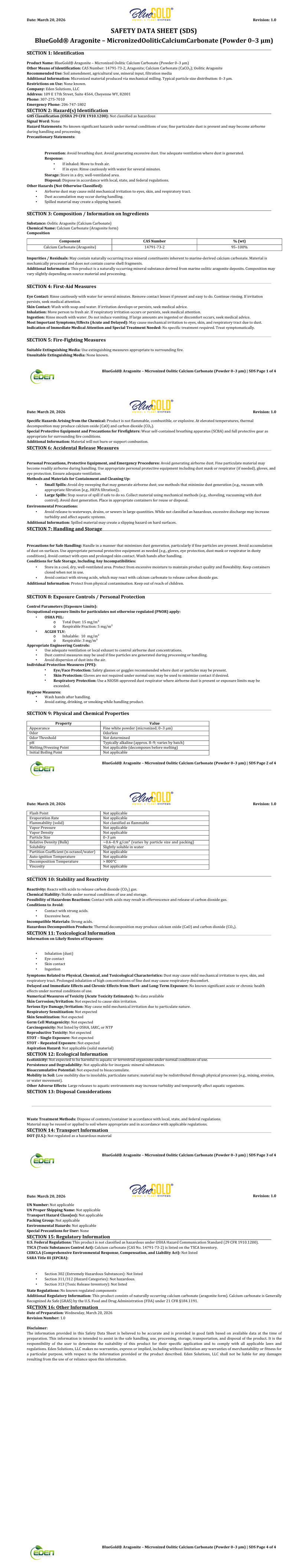 Eden Solutions, LLC Mineral BlueGold® Aragonite