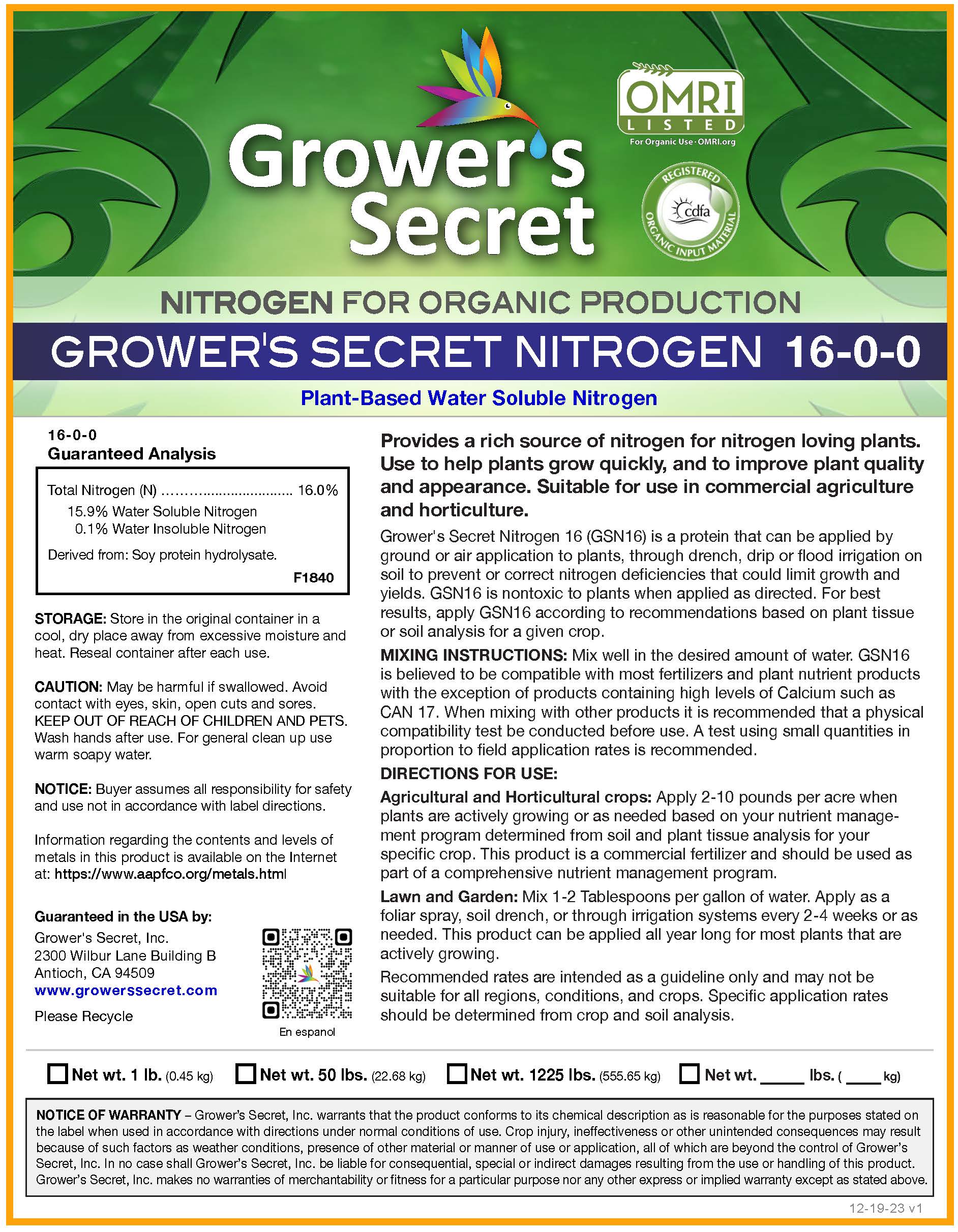 Growers Secret Dry Fertilizer 50 lbs Grower's Secret Nitrogen 16-0-0