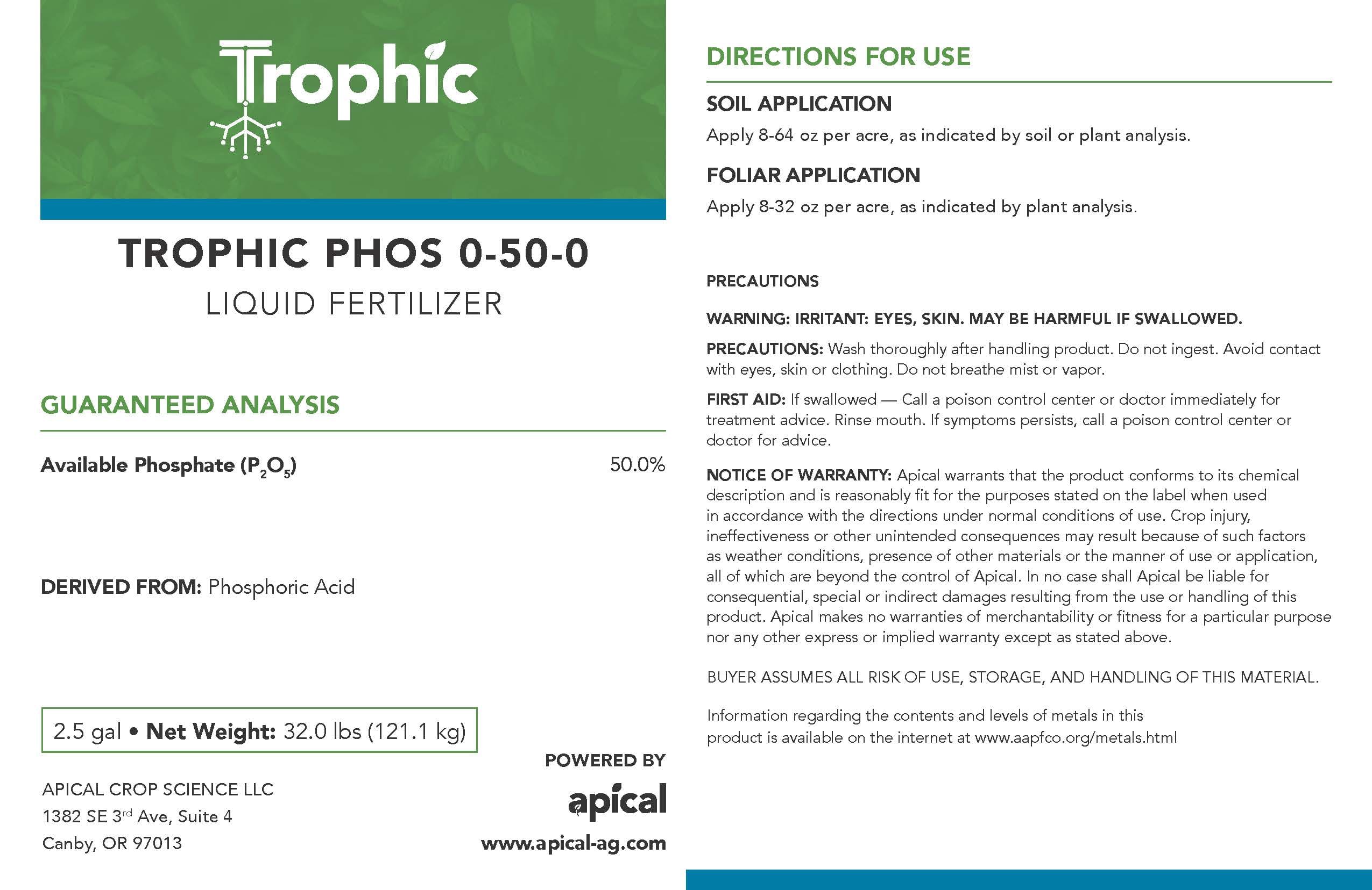 Trophic Liquid fertilizer Trophic 0-50-0 Plus 18% Calcium