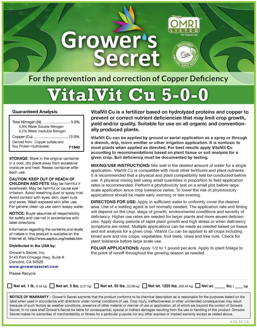 Growers Secret Grower's Secret VitalVit Cu 5-0-0 Copper