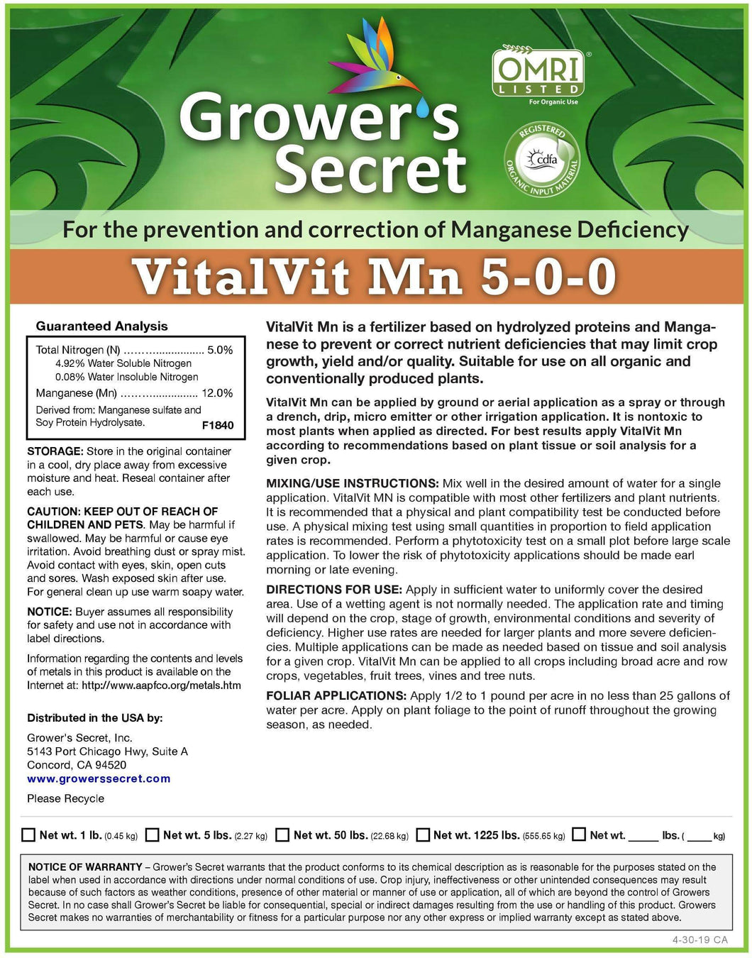 Growers Secret Grower's Secret VitalVit Mn 5-0-0 Manganese